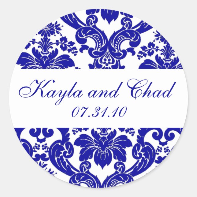 Blue Damask Monogram Classic Round Sticker (Front)