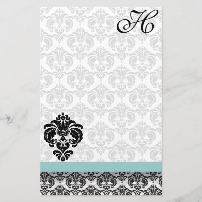 Blue Damask Monogram Recycled Paper (Front)
