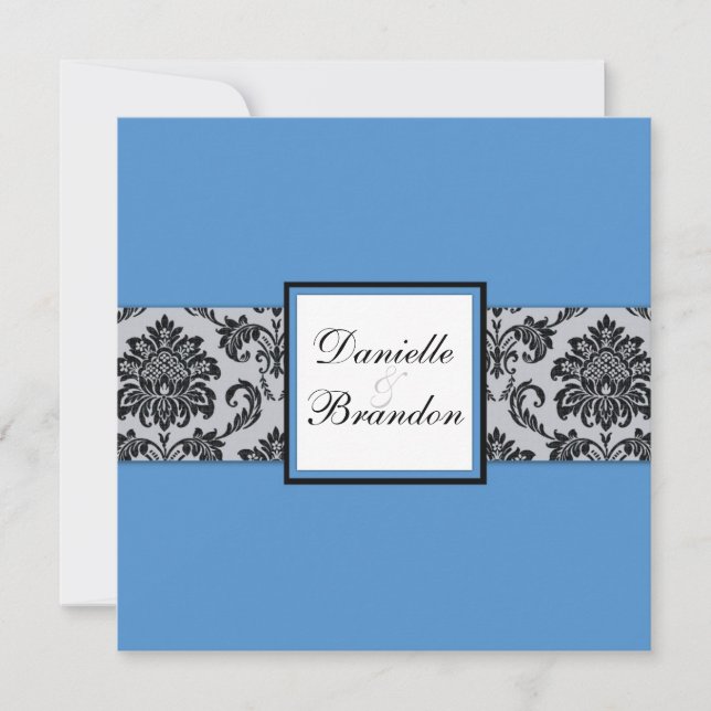 Blue Damask Monogram Wedding Invitation (Front)