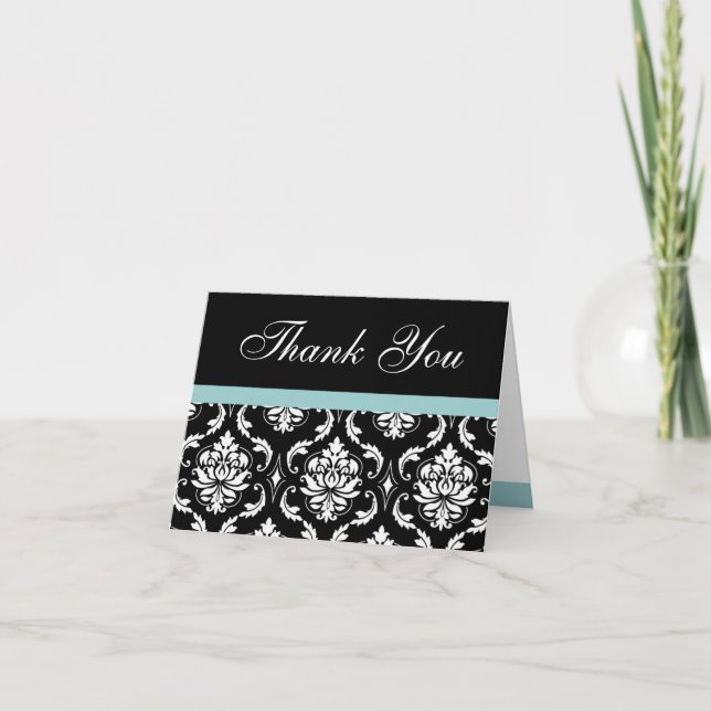 Blue Damask Monogram Wedding Thank You (Front)