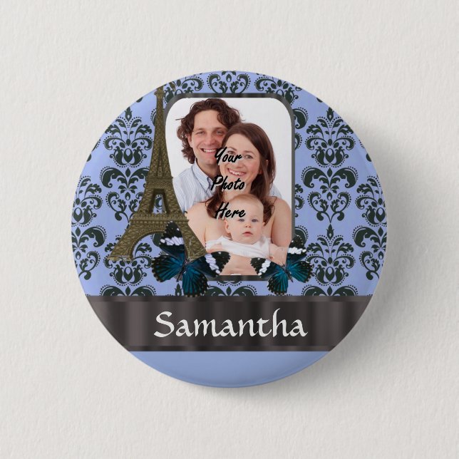 Blue damask Paris collage 2 Inch Round Button (Front)