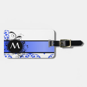Blue damask pattern and monogram luggage tag