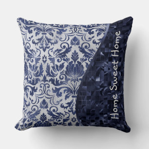 Blue Damask Pattern Glam Glitter Personalized Throw Pillow