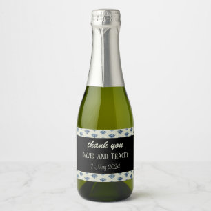 Blue damask pattern grey wedding sparkling wine label