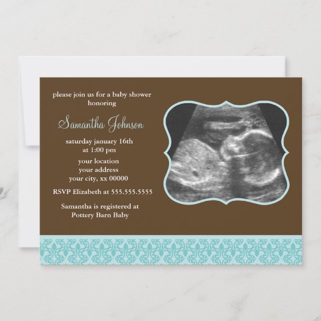 Blue Damask Pattern Sonogram Baby Shower Invitation (Front)