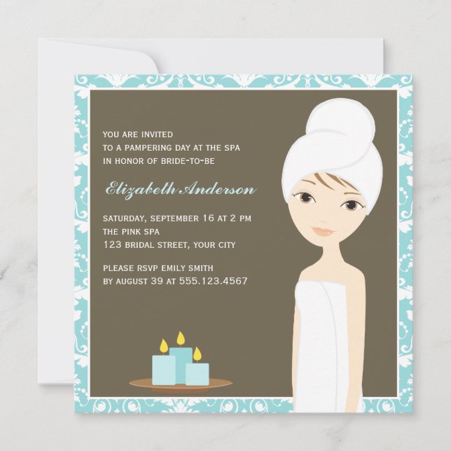 Blue Damask Pattern Spa Bridal Shower Invitation (Front)