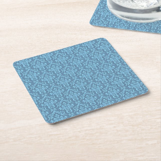 Blue Damask Pattern Square Paper Coaster (Angled)