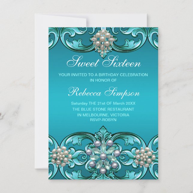 Blue Damask & Pearl Sweet 16 Invitation d'annivers (Devant)