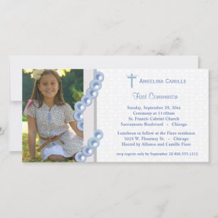 Blue Damask Pearls First Communion Photo Invite