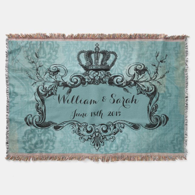 Blue Damask Personalized Wedding Royal Crown Throw Blanket (Front)