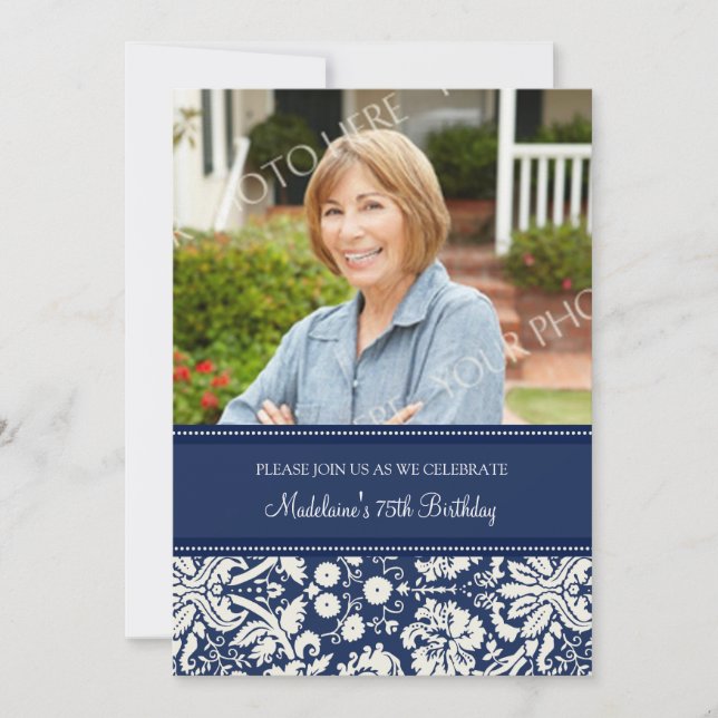 Blue Damask Photo 75th Birthday Party Invitations (Front)