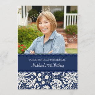 Blue Damask Photo 75th Birthday Party Invitations