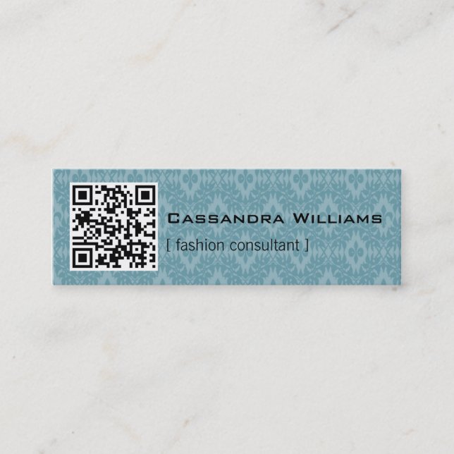 Blue Damask QR CODE Mini Business Cards (Front)