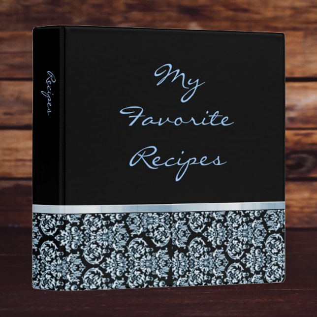 Blue Damask Ribbon Recipe Binder (Blue Damask Recipe Book Binder)