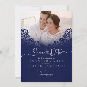 Blue Damask Save the Date Card with Custom Photo