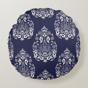 blue damask seamless pattern element round pillow
