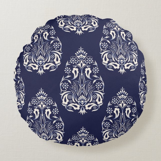 blue damask seamless pattern element round pillow (Front)