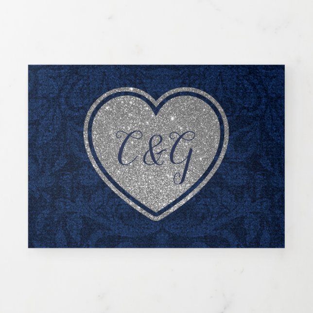 Blue Damask Silver Heart All in One Wedding Tri-Fold Invitation (Cover)
