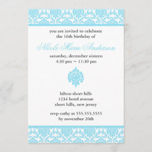 Blue Damask Sweet Sixteen Birthday Invitation