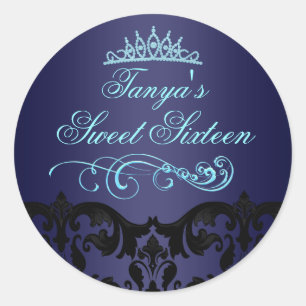 Blue Damask & Swirl Sweet 16 Envelope Sticker/seal Classic Round Sticker