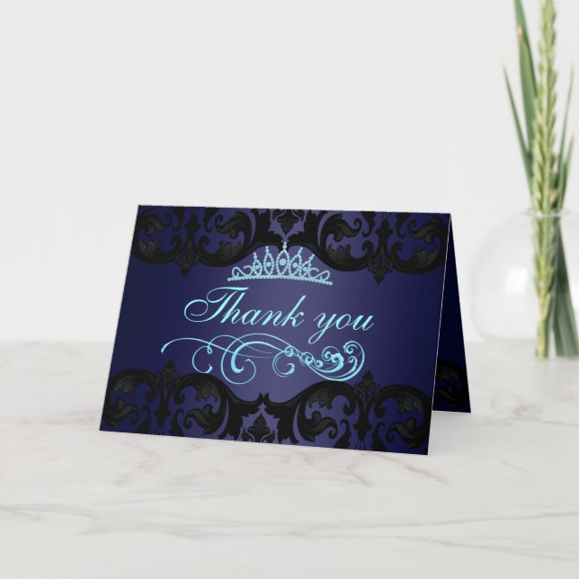 Blue Damask & Swirl Thank You Card (Front)