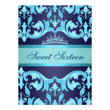 Blue Damask & Tiara Sweet16 Birthday Invite