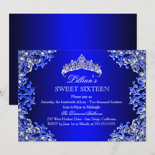 Blue Damask Tiara Sweet 16 Invitation