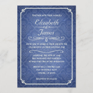 Blue Damask Vintage Chalkboard Wedding Invitations