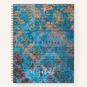 Blue damask vintage pattern script name notebook