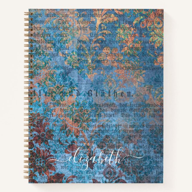 Blue damask vintage pattern script name notebook (Front)