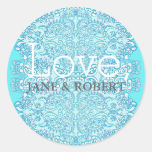 Blue Damask Wedding Classic Round Sticker