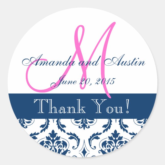 Blue Damask Wedding Favour Sticker (Front)