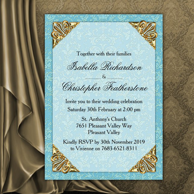Blue Damask Wedding Invitation (Creator Uploaded)