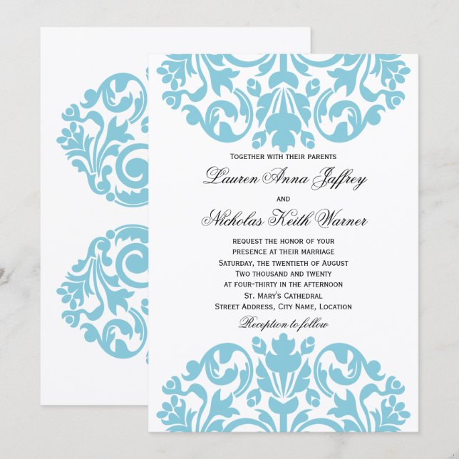 Blue Damask Wedding Invitation (Front/Back)
