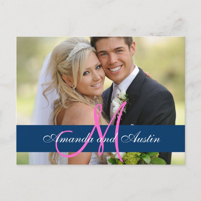 Blue Damask Wedding Photo Thank You Postcard (Front)