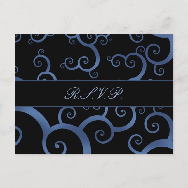 blue damask  Wedding rsvp card (Front)
