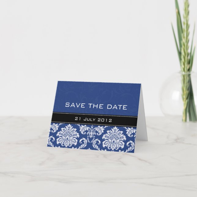 Blue Damask Wedding Save The Date Announcement (Front)