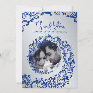 Blue Damask Wedding Thank You Photo Card