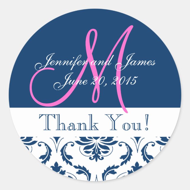 Blue Damask Wedding Thank You Sticker (Front)