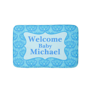 Blue Damask Welcome Name Personalized Baby Boy Rug