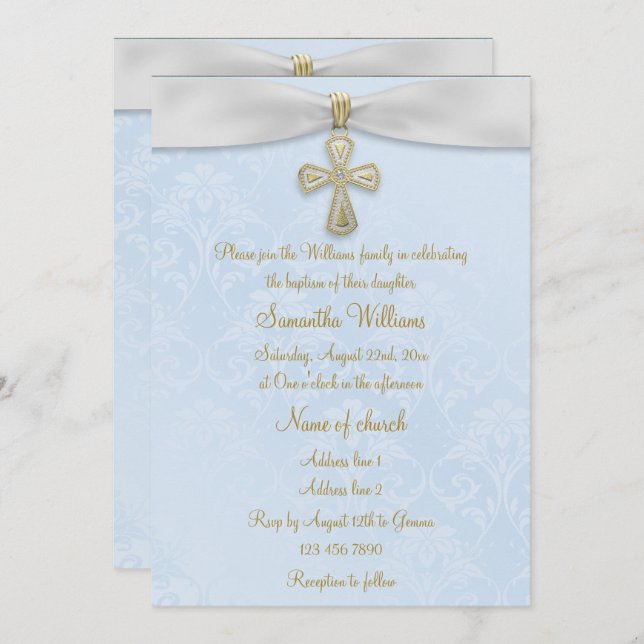 Blue Damask, White Ribbon & Gold Cross Baptism Invitation (Front/Back)