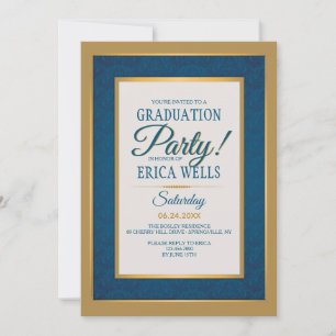 Blue Damask With Gold Trim Graduation Invitation
