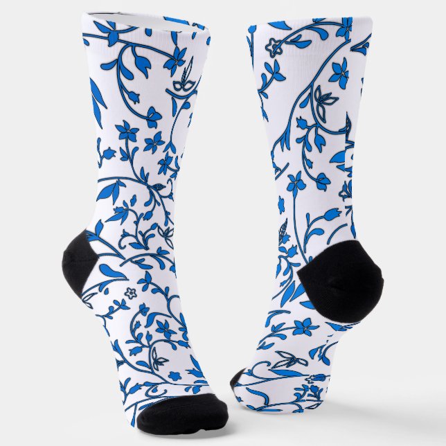 Blue Damasks On White  Socks (Angled)