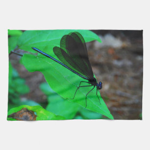 Blue Damselfly on a green leaf. Kitchen Towel