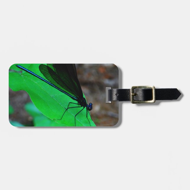 Blue Damselfly on a green leaf. Luggage Tag (Front Horizontal)