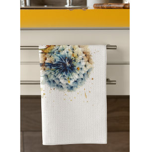 Blue dandelion ready to be blown in watercolor kitchen towel