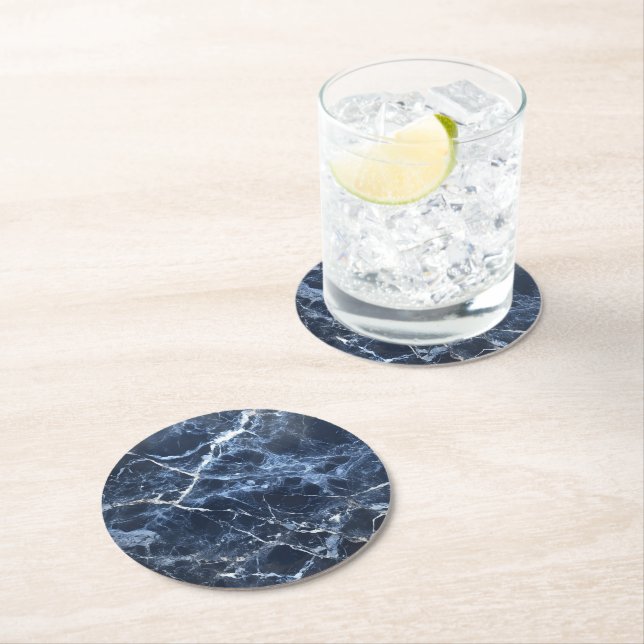 Blue Dark Marble Pattern Round Paper Coaster (Insitu)