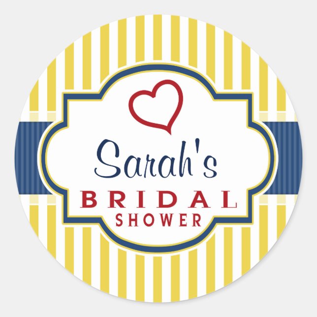 Blue, Dark Red, Yellow Stripes Bridal Shower Classic Round Sticker (Front)