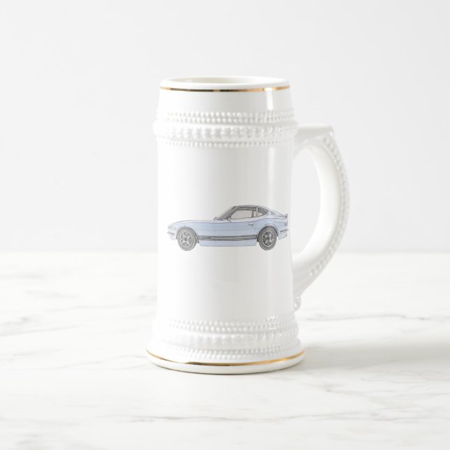 Blue Datsun 240Z Nissan S30 Pencil Drawing Beer Stein (Front Right)