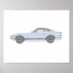 Blue Datsun 240Z Pencil Style Drawing Value Poster